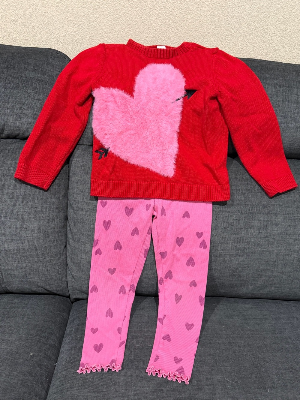 Girls Red Sweater with Pink Heart & Pink Heart Leggings Set